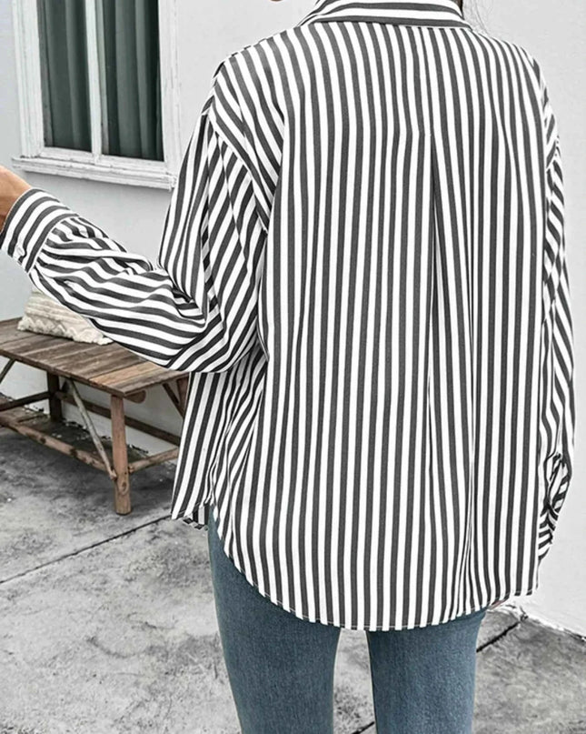 Striped Oversized Button - Up Shirt - Trendsi