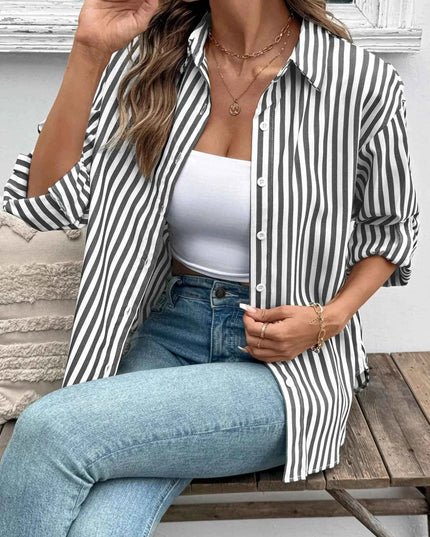 Striped Oversized Button - Up Shirt - Trendsi