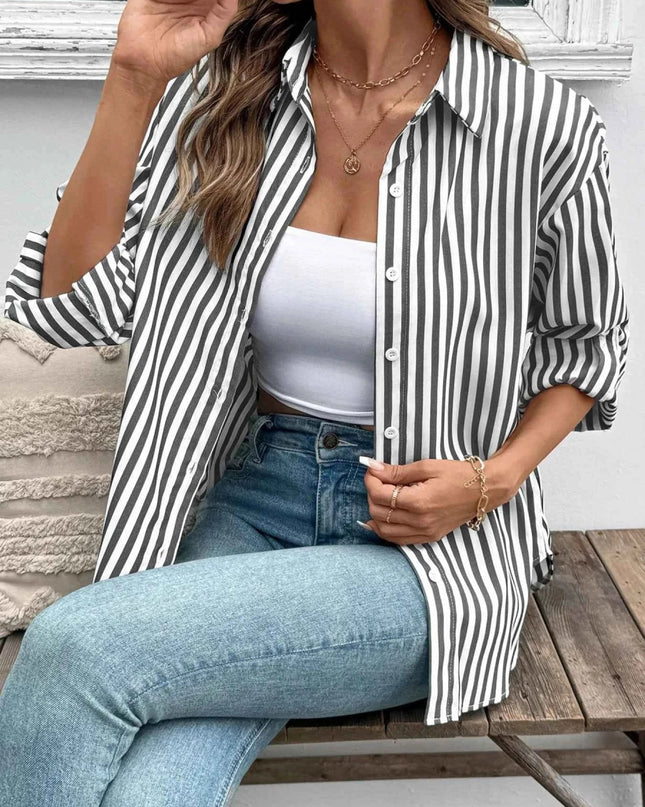 Striped Oversized Button - Up Shirt - Trendsi