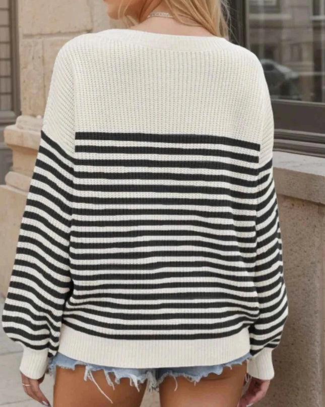 Striped Round Neck Long Sleeve Sweater - Trendsi
