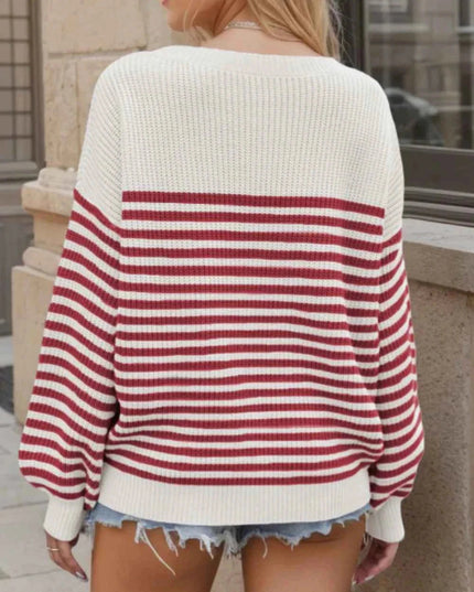 Striped Round Neck Long Sleeve Sweater - Trendsi
