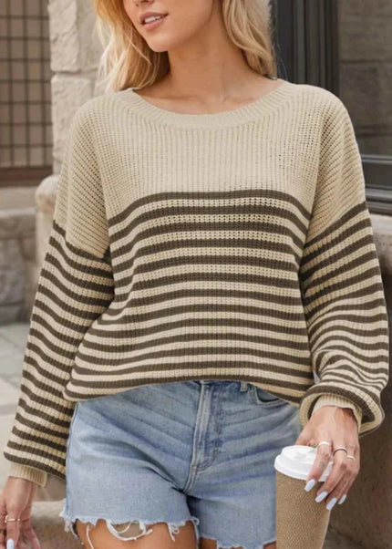 Striped Round Neck Long Sleeve Sweater - Trendsi