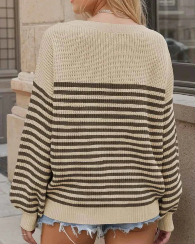 Striped Round Neck Long Sleeve Sweater - Trendsi