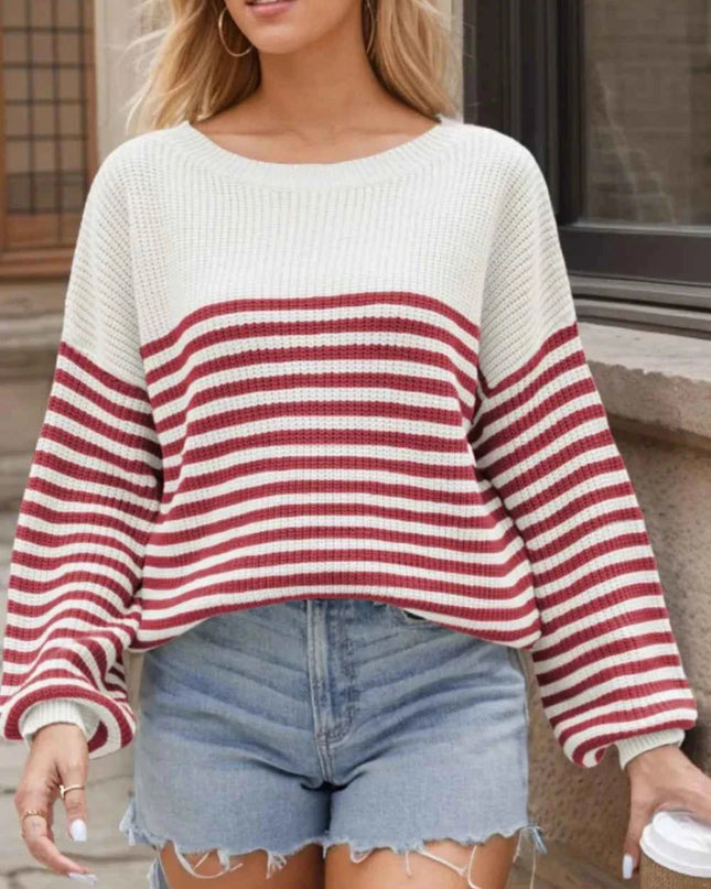Striped Round Neck Long Sleeve Sweater - Trendsi