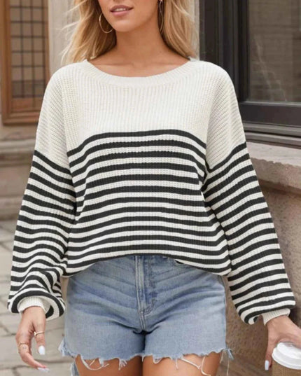 Striped Round Neck Long Sleeve Sweater - Trendsi
