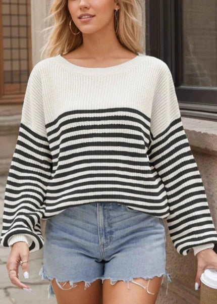 Striped Round Neck Long Sleeve Sweater - Trendsi