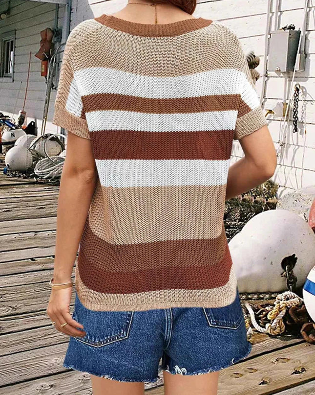 Striped Round Neck Short Sleeve Knit Top - Trendsi