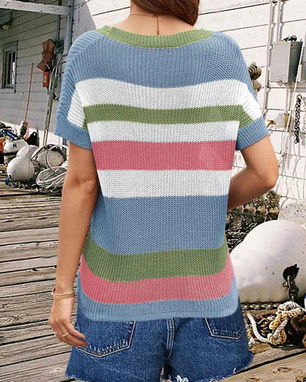 Striped Round Neck Short Sleeve Knit Top - Trendsi