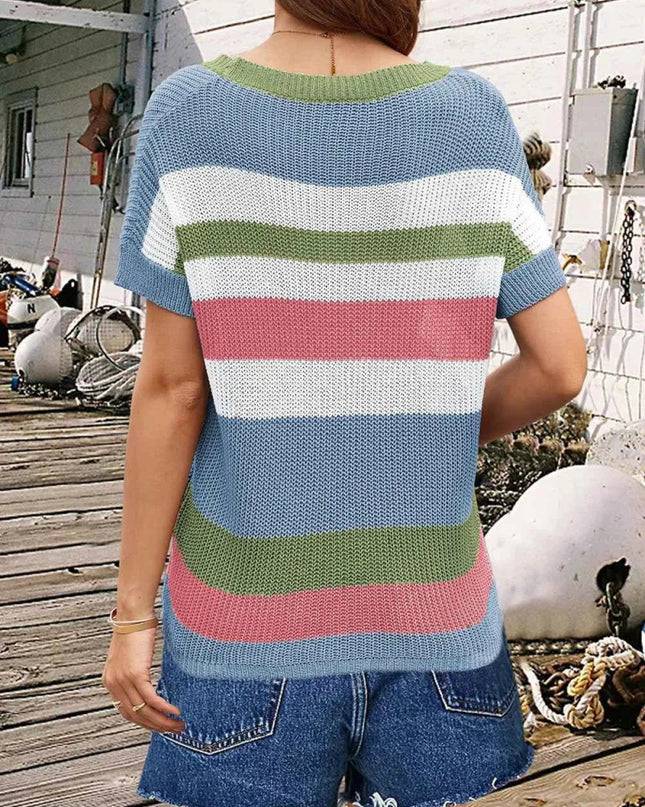 Striped Round Neck Short Sleeve Knit Top - Trendsi