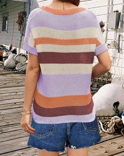 Striped Round Neck Short Sleeve Knit Top - Trendsi