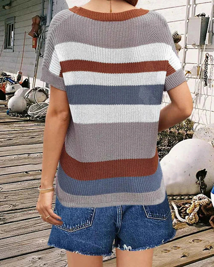 Striped Round Neck Short Sleeve Knit Top - Trendsi