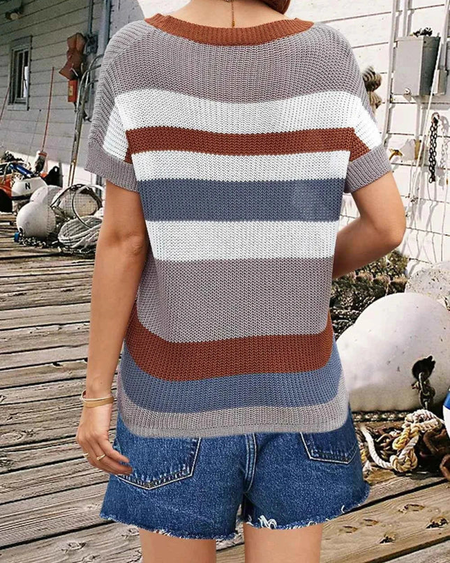 Striped Round Neck Short Sleeve Knit Top - Trendsi