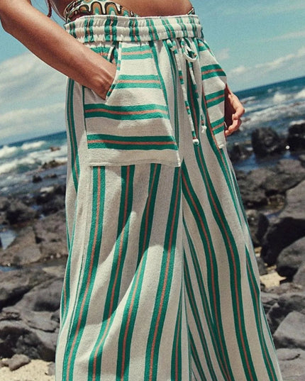 Striped Wide-Leg Drawstring Pants