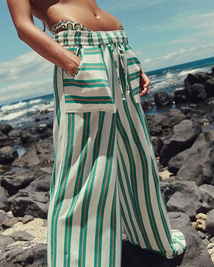 Striped Wide-Leg Drawstring Pants