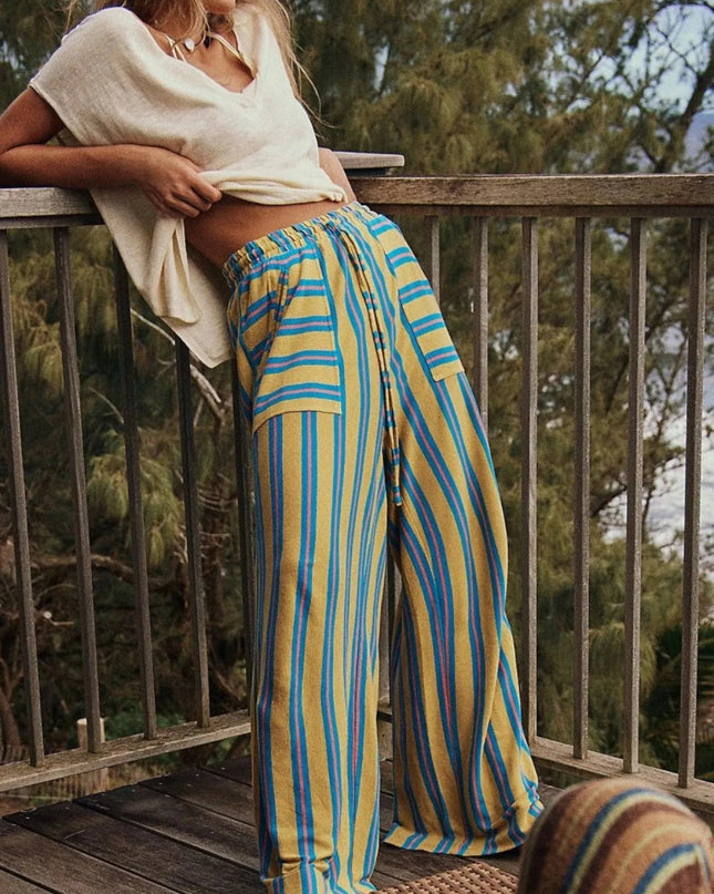 Striped Wide - Leg Drawstring Pants - Trendsi