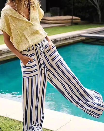 Striped Wide-Leg Drawstring Pants