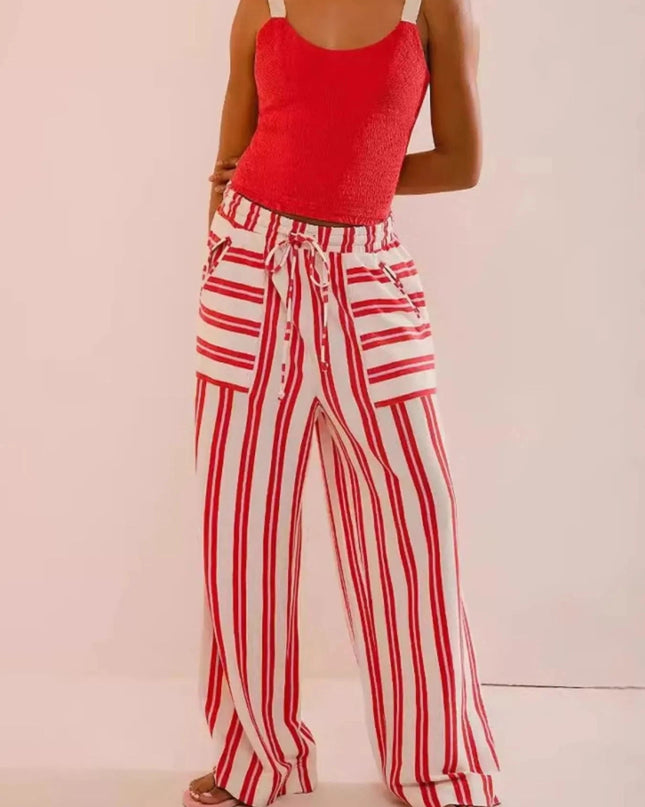 Striped Wide - Leg Drawstring Pants - Trendsi