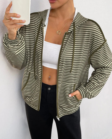 Striped Zip Up Oversized Hoodie - Trendsi