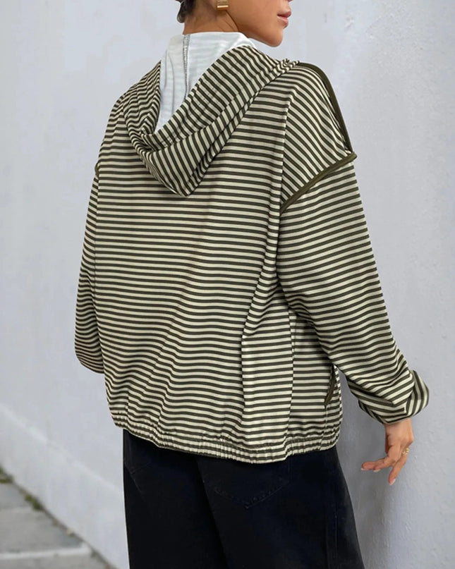 Striped Zip Up Oversized Hoodie - Trendsi