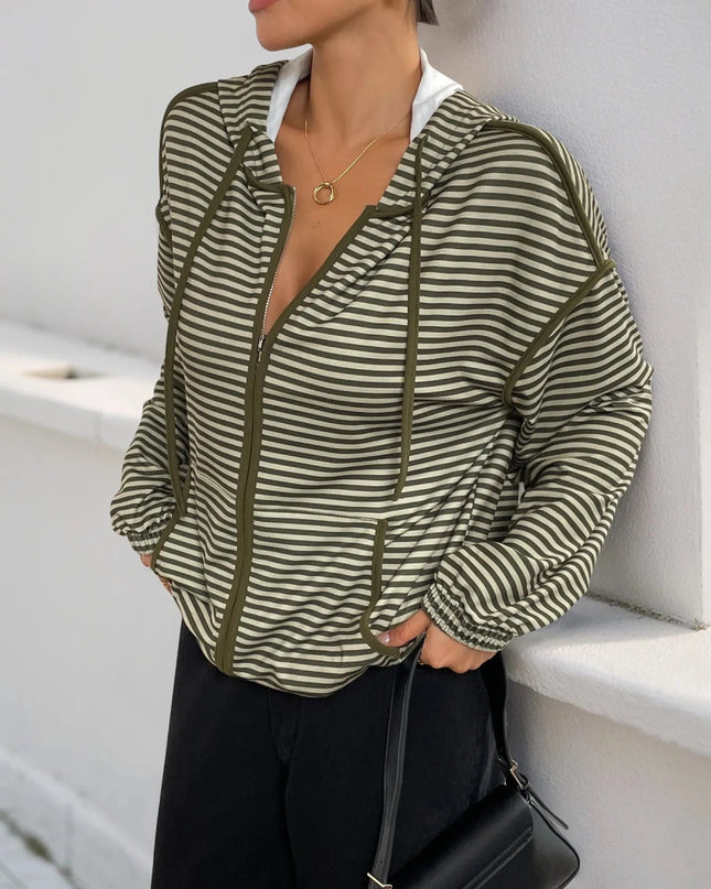 Striped Zip Up Oversized Hoodie - Trendsi