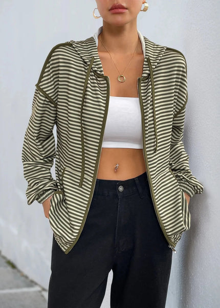Striped Zip Up Oversized Hoodie - Trendsi