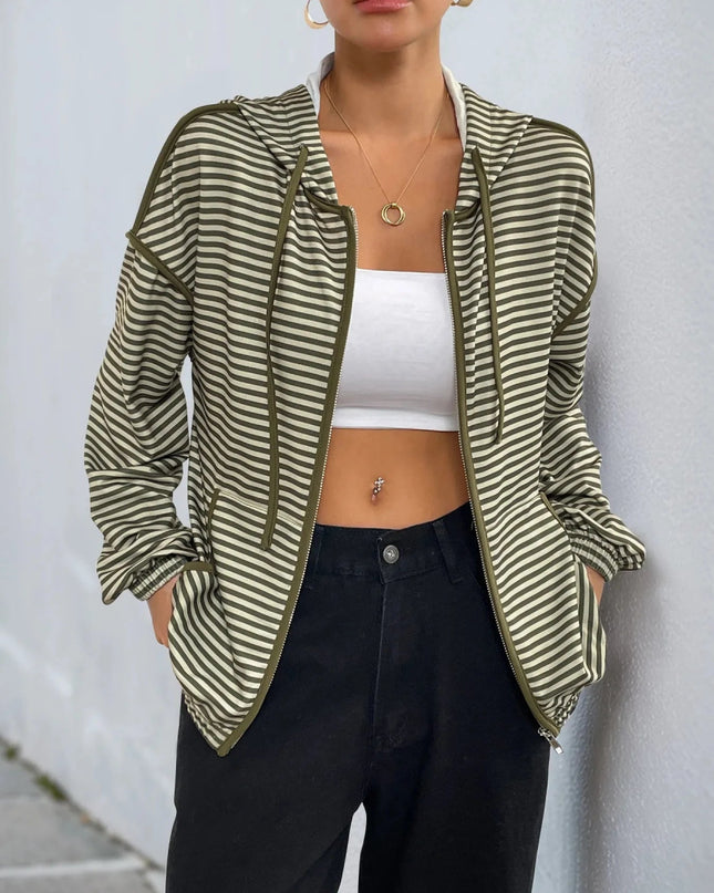 Striped Zip Up Oversized Hoodie - Trendsi