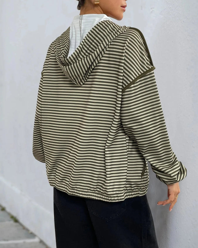 Striped Zip Up Oversized Hoodie - Trendsi