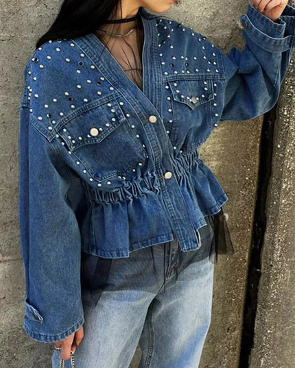 Studded Button Up Denim Jacket - Trendsi