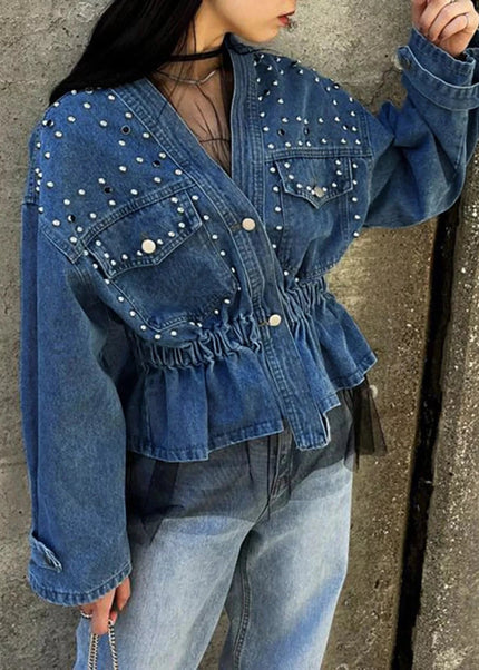 Studded Button Up Denim Jacket - Trendsi