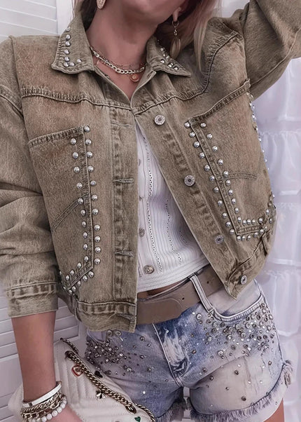 Studded Button Up Denim Jacket - Trendsi
