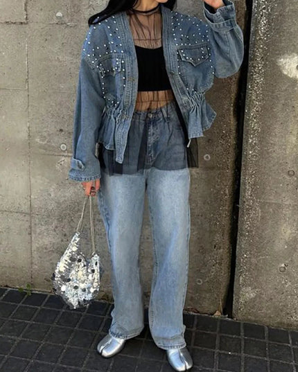 Studded Button Up Denim Jacket - Trendsi