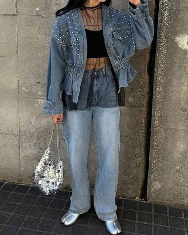 Studded Button Up Denim Jacket - Trendsi