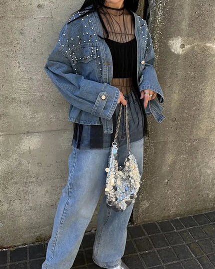 Studded Button Up Denim Jacket - Trendsi