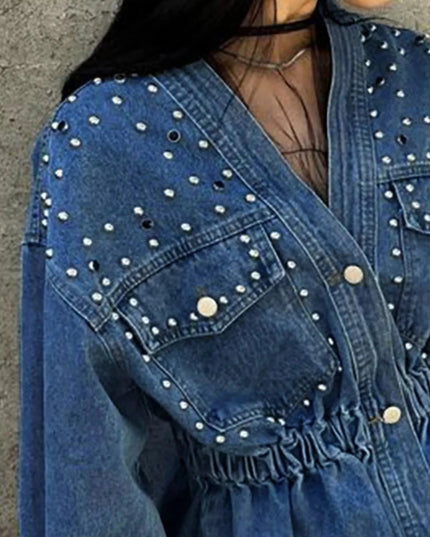 Studded Button Up Denim Jacket - Trendsi