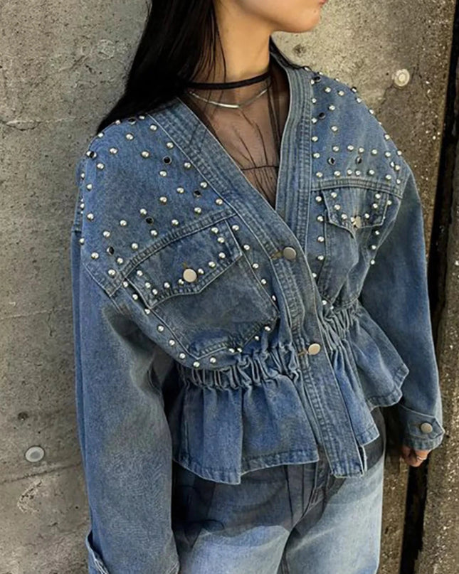 Studded Button Up Denim Jacket - Trendsi