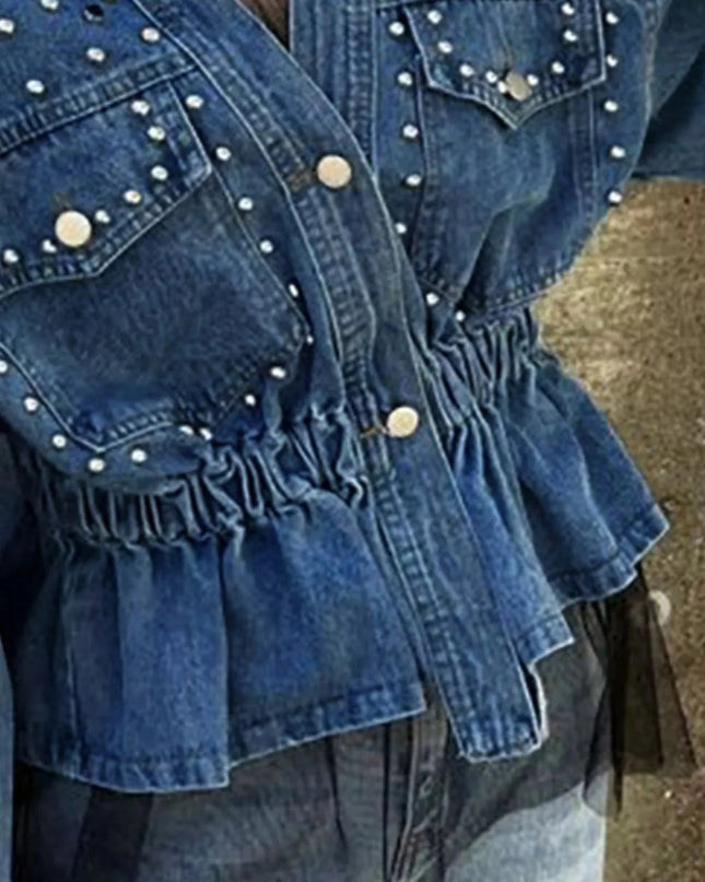 Studded Button Up Denim Jacket - Trendsi