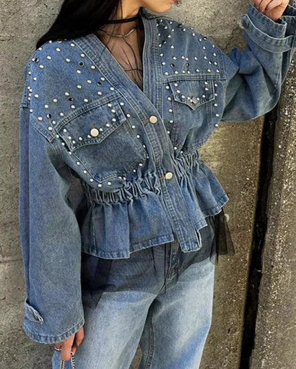 Studded Button Up Denim Jacket - Trendsi