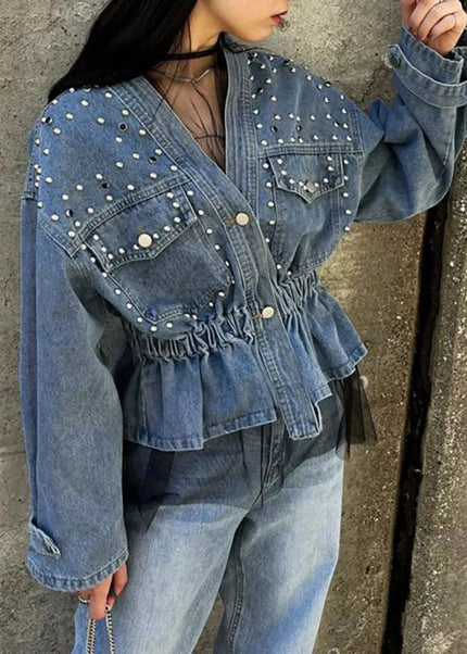 Studded Button Up Denim Jacket - Trendsi
