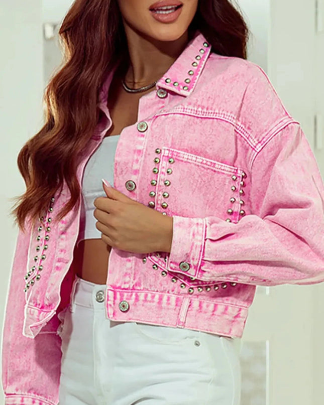 Studded Button Up Denim Jacket - Trendsi