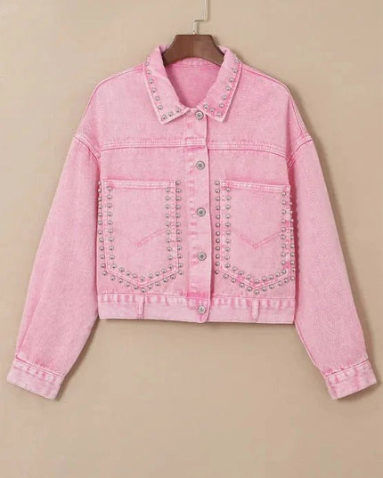 Studded Button Up Denim Jacket - Trendsi