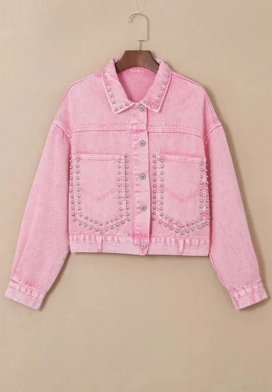 Studded Button Up Denim Jacket - Trendsi