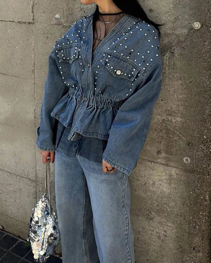 Studded Button Up Denim Jacket - Trendsi