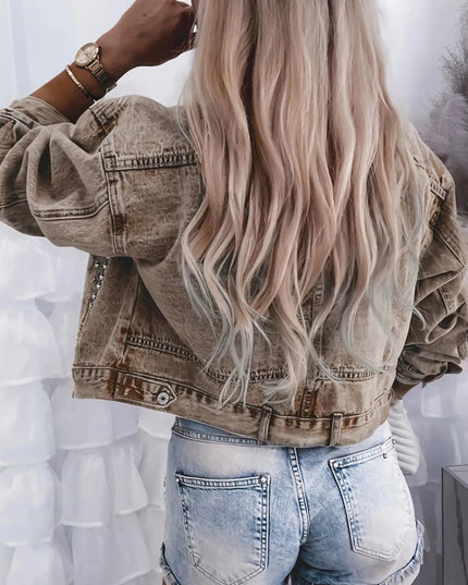 Studded Button Up Denim Jacket - Trendsi