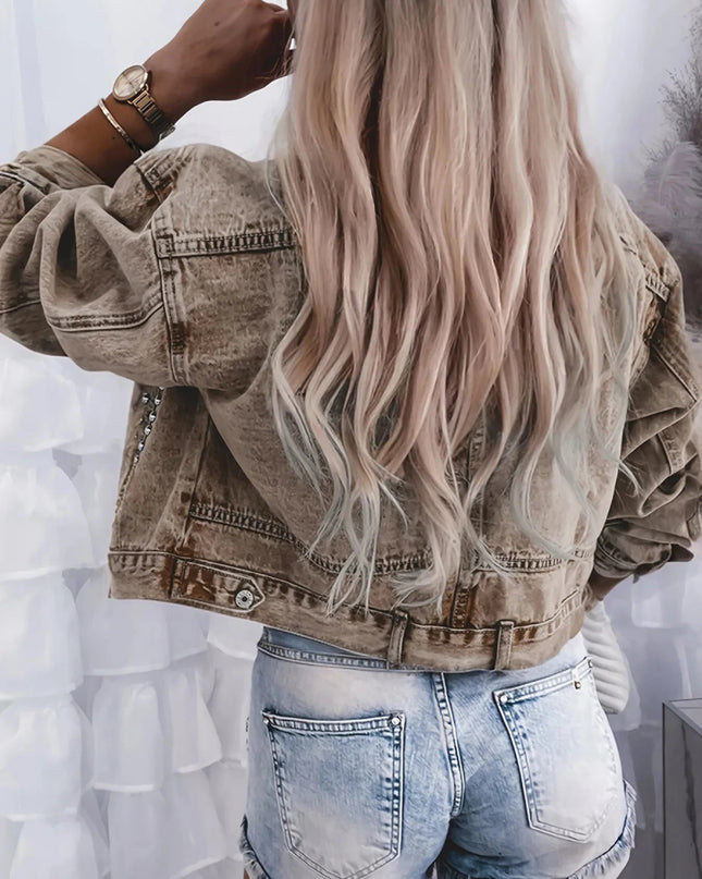 Studded Button Up Denim Jacket - Trendsi