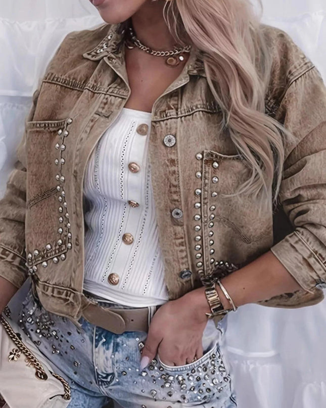 Studded Button Up Denim Jacket - Trendsi