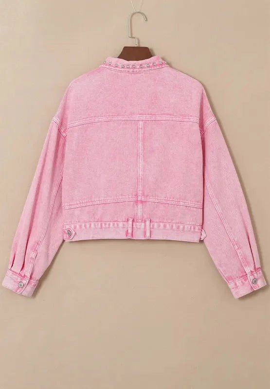 Studded Button Up Denim Jacket - Trendsi