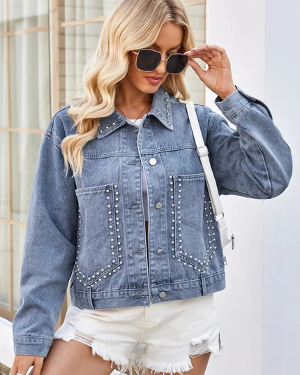 Studded Long Sleeve Denim Jacket - Trendsi