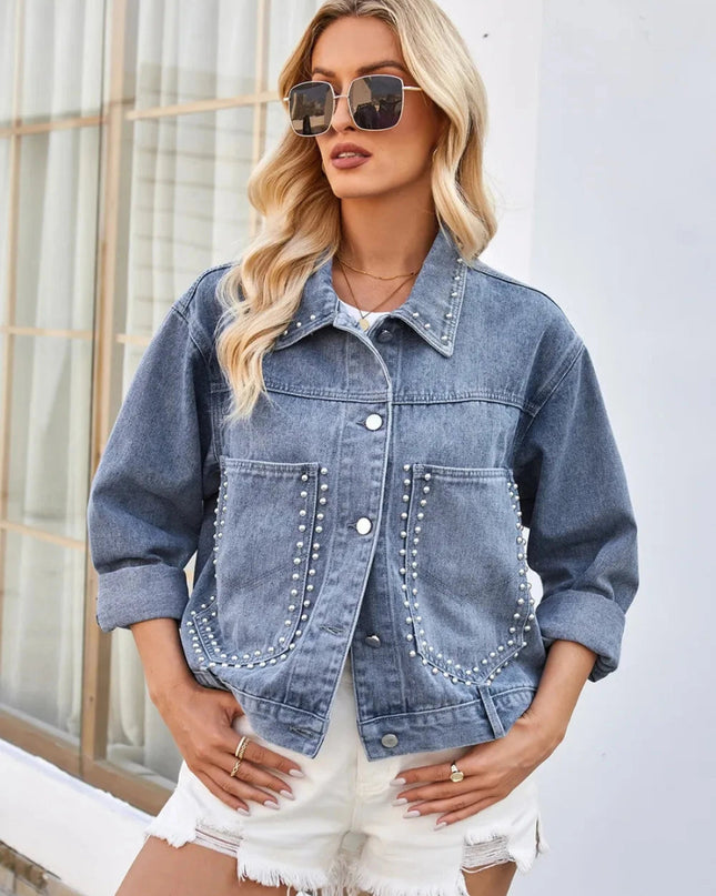 Studded Long Sleeve Denim Jacket - Trendsi