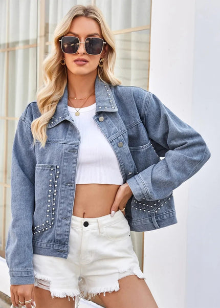 Studded Long Sleeve Denim Jacket - Trendsi