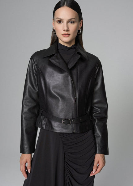 Stylish Black Leather Belt Jacket - Genuine Leather - Leather Jackets - Buy Me Fur Ltd